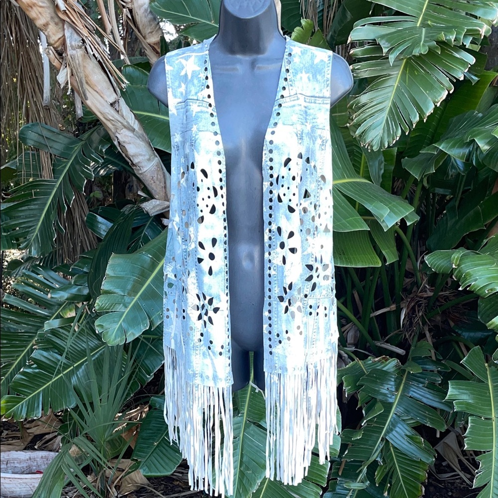 origami cut Work and fringe denim stars vest